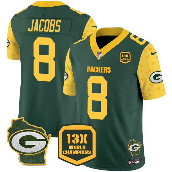 Men's Green Bay Packers #8 Josh Jacobs Cheese Green 2024 F.U.S.E. 13 Time World Champions And Home Patch Vapor Untouchable Limited Stitched Football Jersey Men's Green Bay Packers #8 Josh Jacobs Cheese Green 2024 F.U.S.E. 13 Time World Champions And Home Patch Vapor Untouchable Limited Stitched Football Jersey